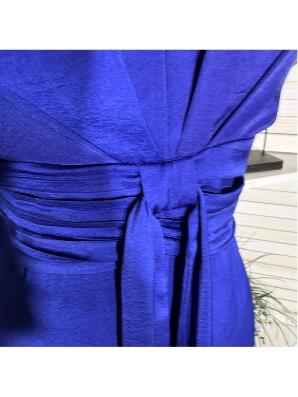 Minuet royal blue cocktail maxi dress fit flare ruched waist low sexy back sz L - Picture 14 of 14